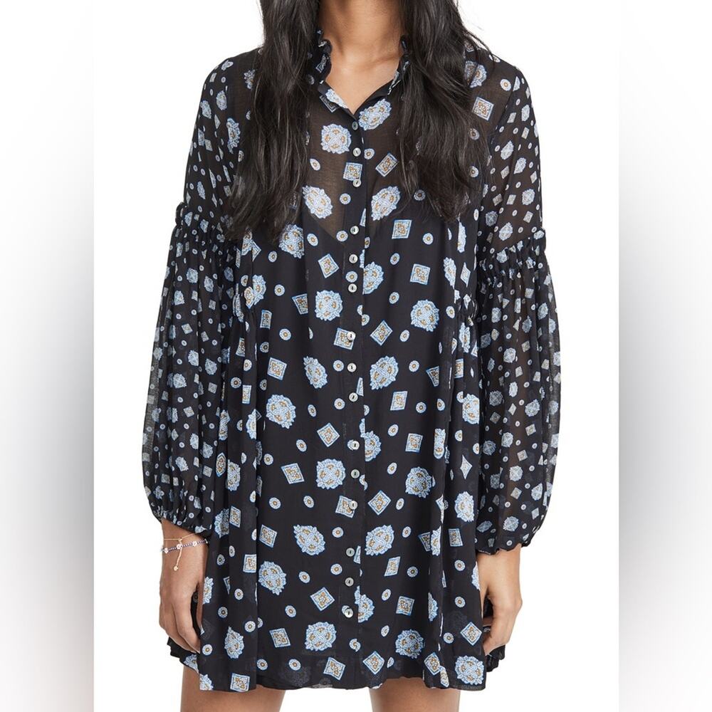 Free People Turn Turn Balloon Sleeve Black Paisley Print Mini Dress Size XS